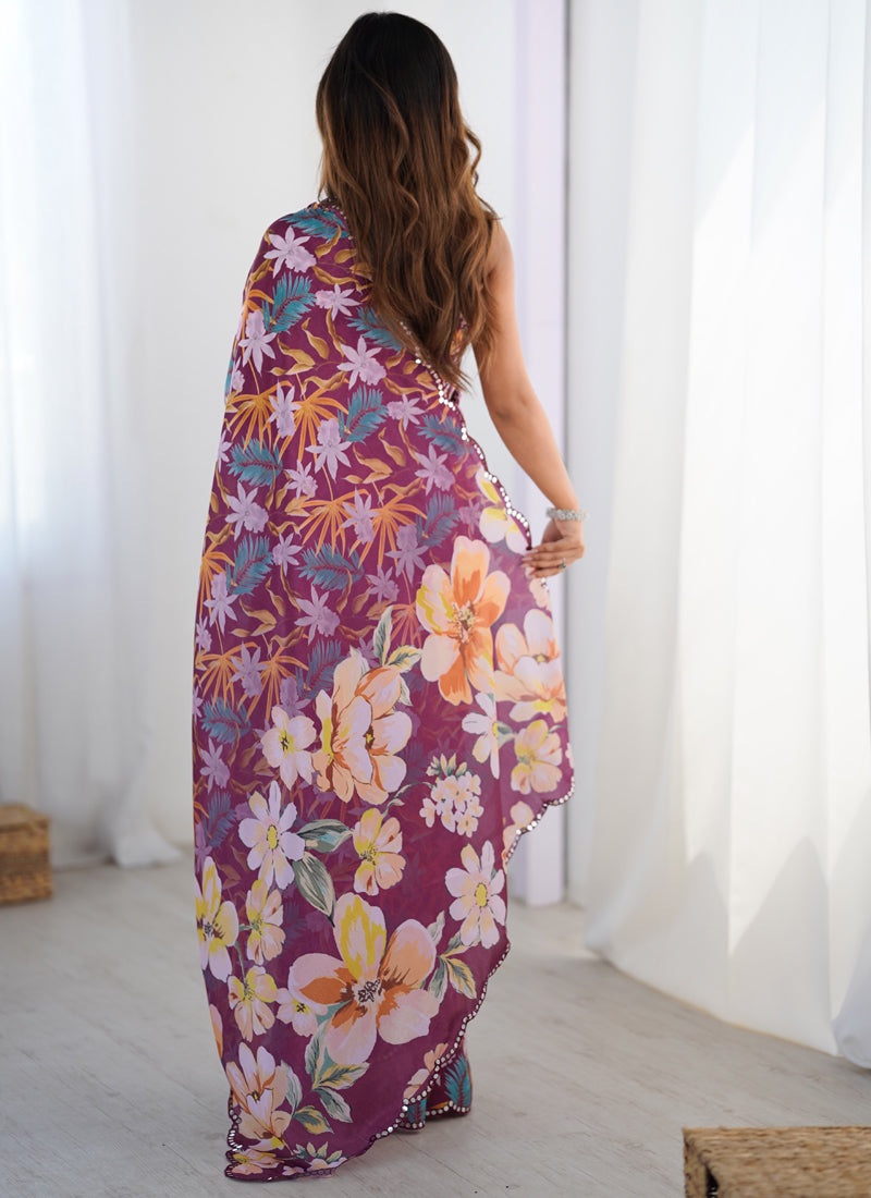 Wine Chinon Silk Print Work With Mirror Work Border Designer Saree