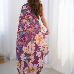 Wine Chinon Silk Print Work With Mirror Work Border Designer Saree