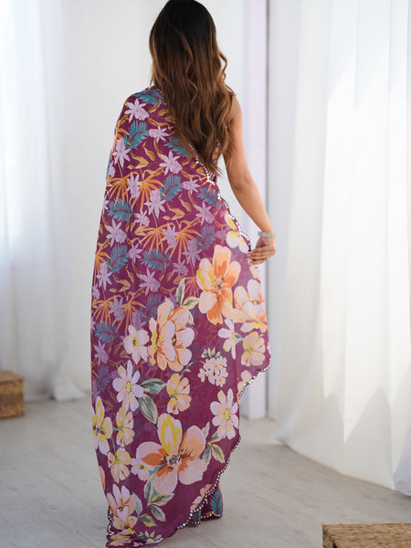 Wine Chinon Silk Print Work With Mirror Work Border Designer Saree
