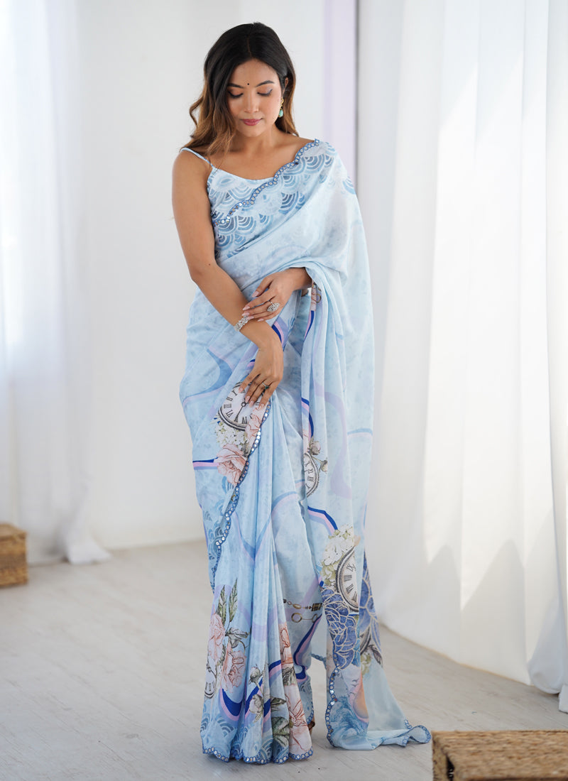 Sky Blue Chinon Silk Print Work With Mirror Work Border Designer Saree