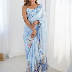 Sky Blue Chinon Silk Print Work With Mirror Work Border Designer Saree