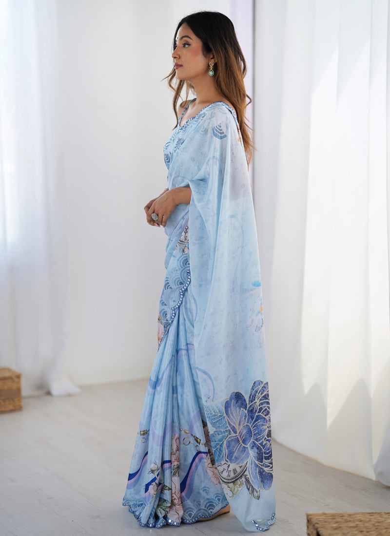 Sky Blue Chinon Silk Print Work With Mirror Work Border Designer Saree