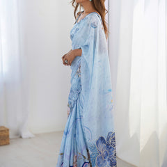 Sky Blue Chinon Silk Print Work With Mirror Work Border Designer Saree