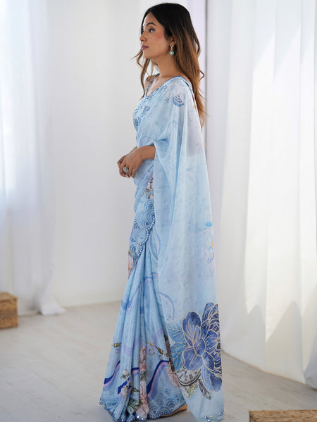 Sky Blue Chinon Silk Print Work With Mirror Work Border Designer Saree