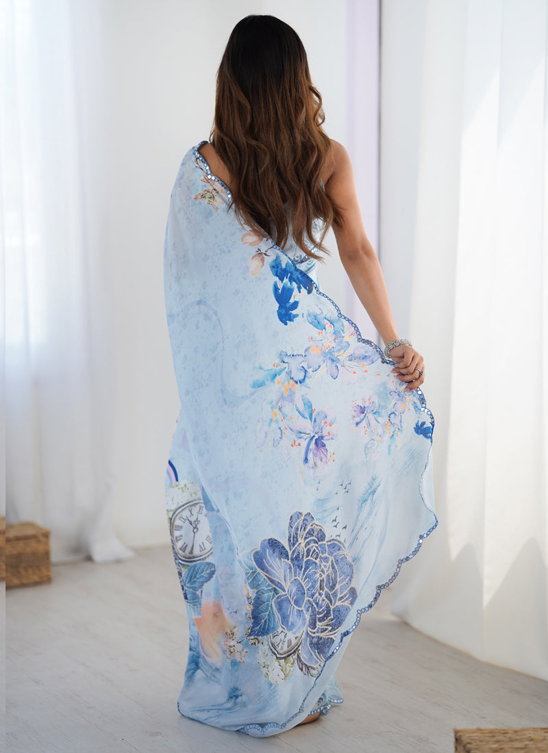 Sky Blue Chinon Silk Print Work With Mirror Work Border Designer Saree