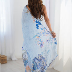 Sky Blue Chinon Silk Print Work With Mirror Work Border Designer Saree