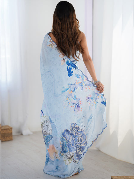 Sky Blue Chinon Silk Print Work With Mirror Work Border Designer Saree
