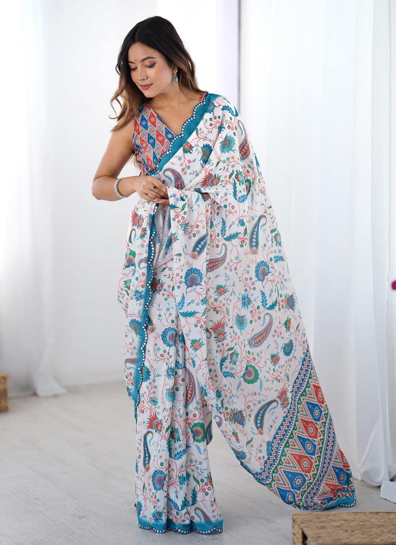 Off White & Sky Blue Chinon Silk Print Work With Mirror Work Border Designer Saree