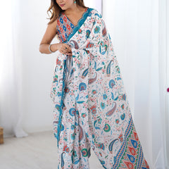 Off White & Sky Blue Chinon Silk Print Work With Mirror Work Border Designer Saree