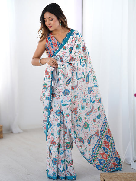 Off White & Sky Blue Chinon Silk Print Work With Mirror Work Border Designer Saree