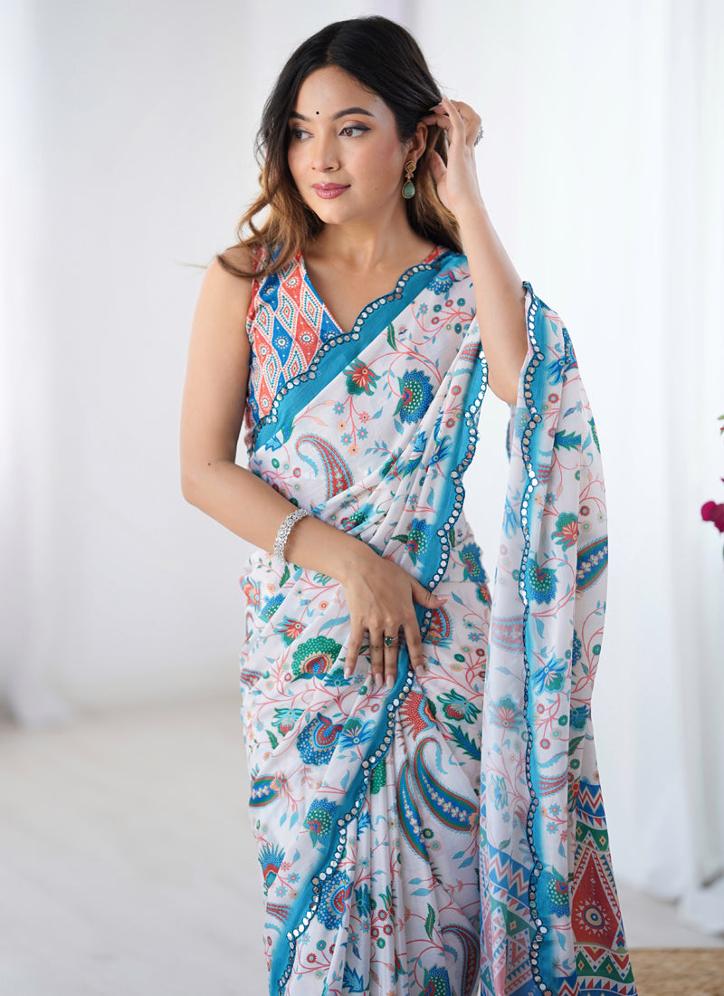 Off White & Sky Blue Chinon Silk Print Work With Mirror Work Border Designer Saree