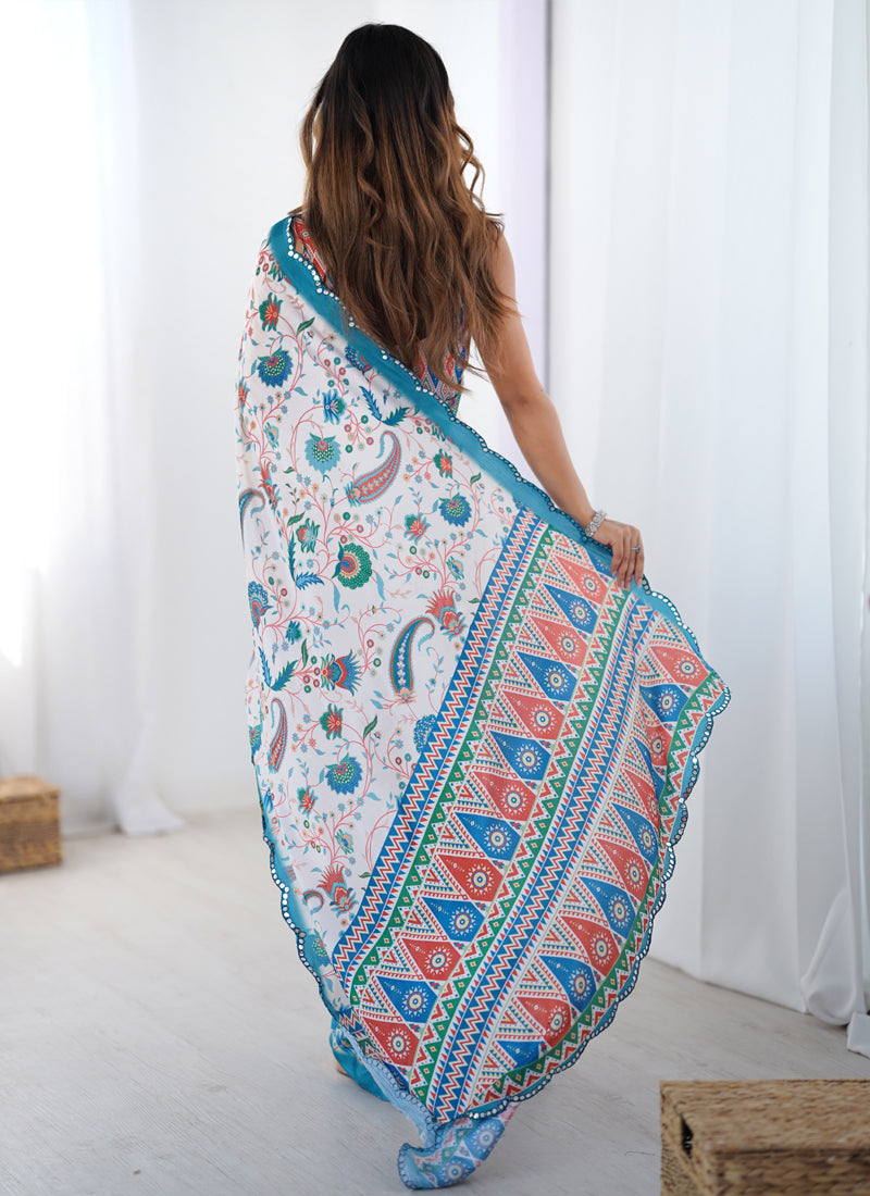 Off White & Sky Blue Chinon Silk Print Work With Mirror Work Border Designer Saree
