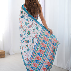 Off White & Sky Blue Chinon Silk Print Work With Mirror Work Border Designer Saree
