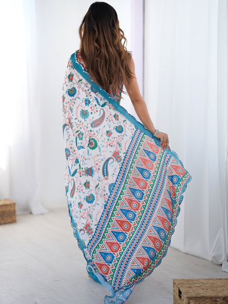 Off White & Sky Blue Chinon Silk Print Work With Mirror Work Border Designer Saree