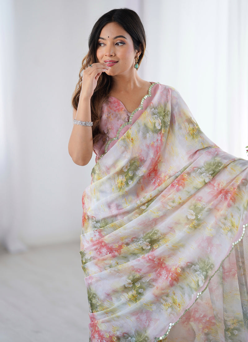 Off White Pastel Floral Chinon Silk Print Work With Mirror Work Border Designer Saree