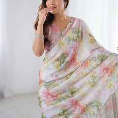 Off White Pastel Floral Chinon Silk Print Work With Mirror Work Border Designer Saree