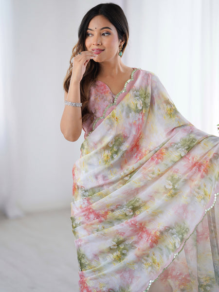 Off White Pastel Floral Chinon Silk Print Work With Mirror Work Border Designer Saree