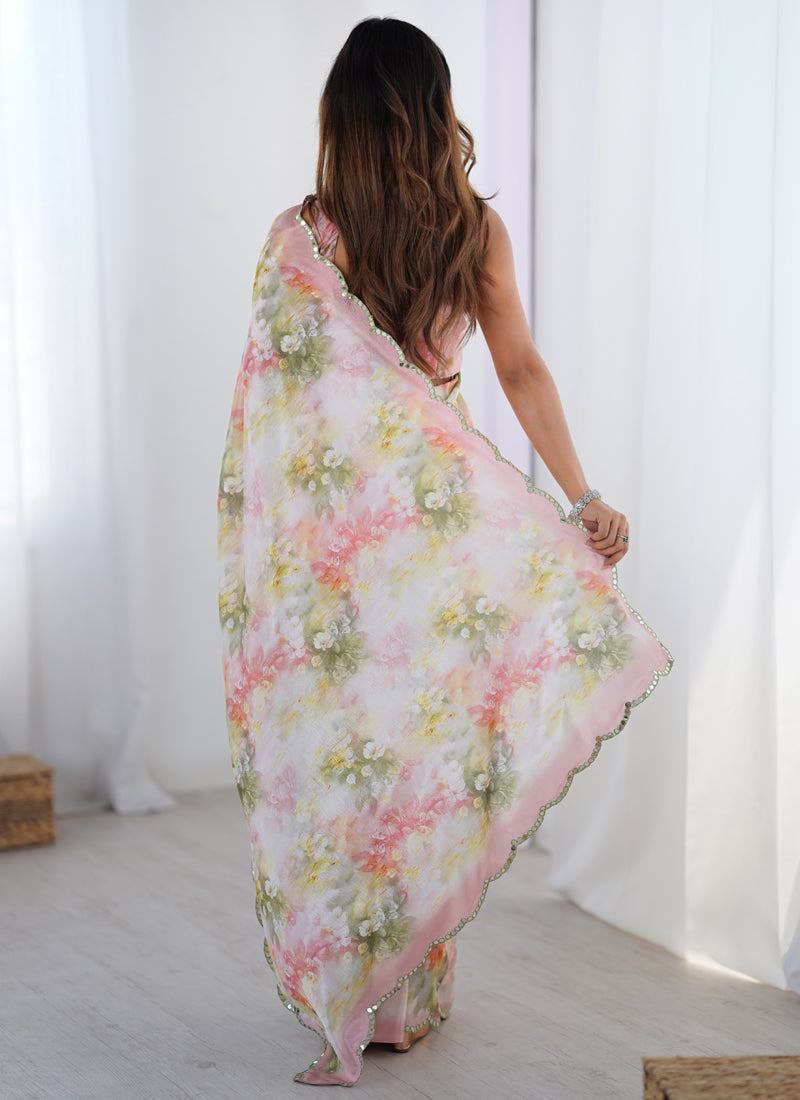 Off White Pastel Floral Chinon Silk Print Work With Mirror Work Border Designer Saree
