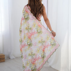 Off White Pastel Floral Chinon Silk Print Work With Mirror Work Border Designer Saree