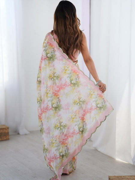 Off White Pastel Floral Chinon Silk Print Work With Mirror Work Border Designer Saree