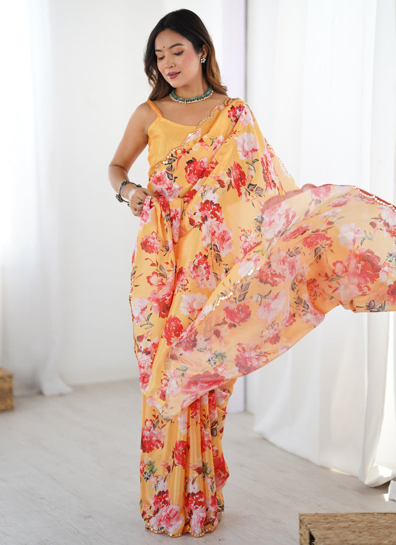Yellow Silk Print Work With Mirror Work Border Designer Saree