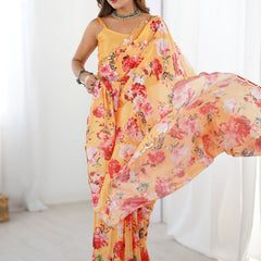 Yellow Silk Print Work With Mirror Work Border Designer Saree