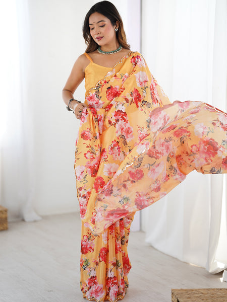 Yellow Silk Print Work With Mirror Work Border Designer Saree