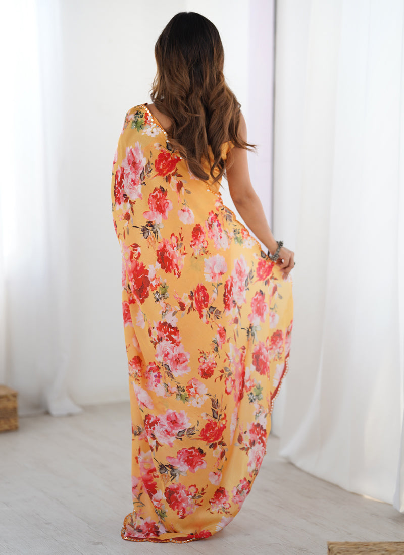 Yellow Silk Print Work With Mirror Work Border Designer Saree