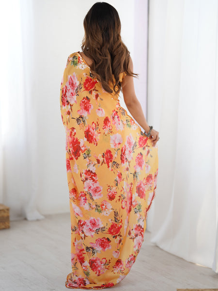 Yellow Silk Print Work With Mirror Work Border Designer Saree