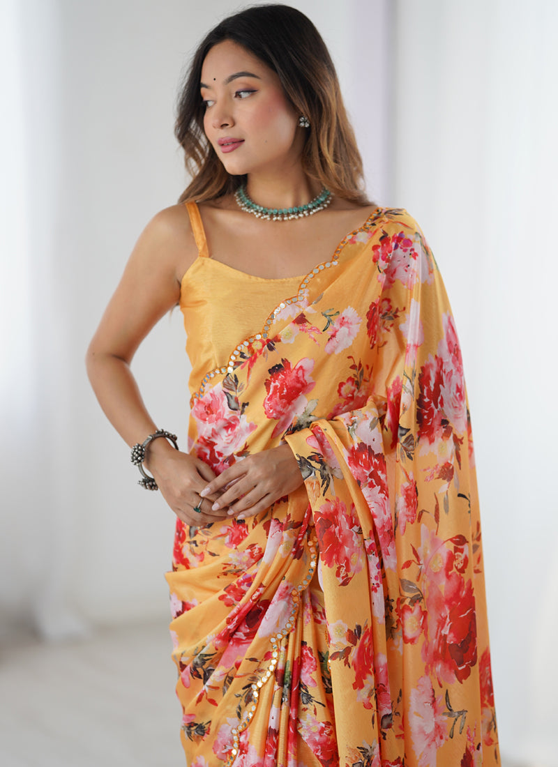 Yellow Silk Print Work With Mirror Work Border Designer Saree