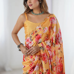 Yellow Silk Print Work With Mirror Work Border Designer Saree