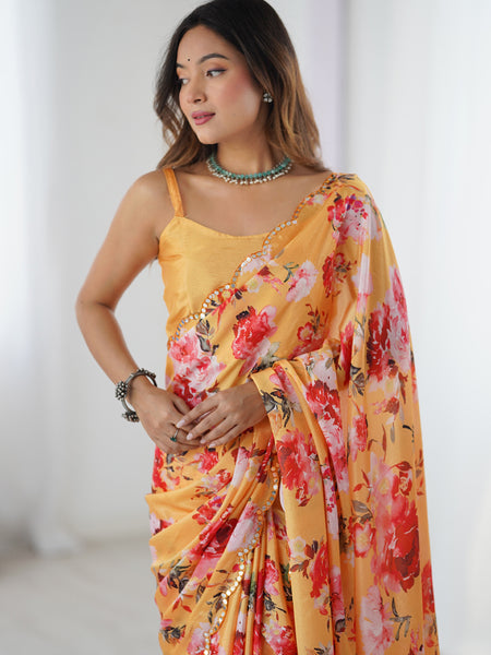 Yellow Silk Print Work With Mirror Work Border Designer Saree