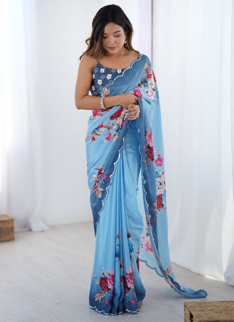Sky Blue Chinon Silk Print Work With Mirror Work Border Designer Saree