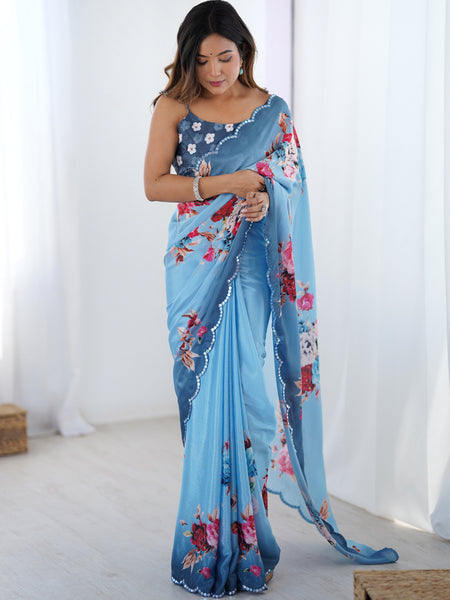 Sky Blue Chinon Silk Print Work With Mirror Work Border Designer Saree