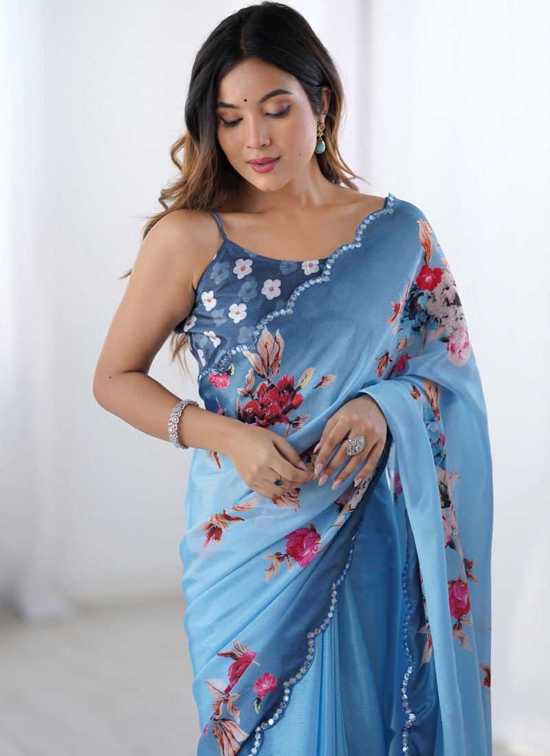 Sky Blue Chinon Silk Print Work With Mirror Work Border Designer Saree