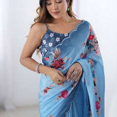 Sky Blue Chinon Silk Print Work With Mirror Work Border Designer Saree