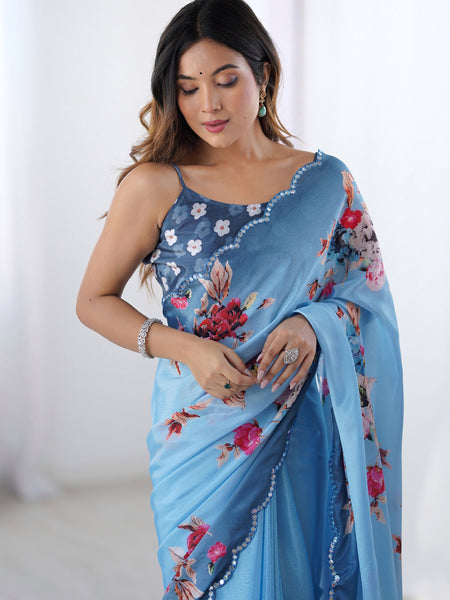 Sky Blue Chinon Silk Print Work With Mirror Work Border Designer Saree