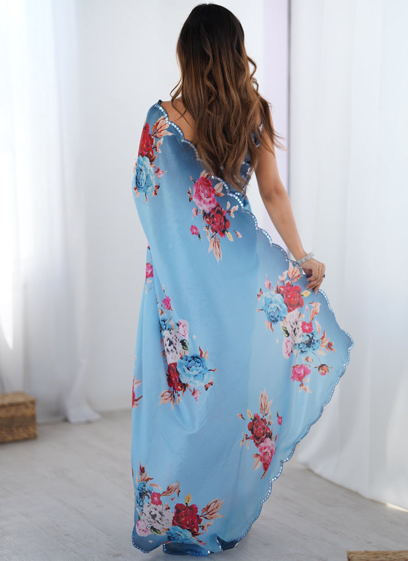 Sky Blue Chinon Silk Print Work With Mirror Work Border Designer Saree