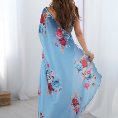 Sky Blue Chinon Silk Print Work With Mirror Work Border Designer Saree
