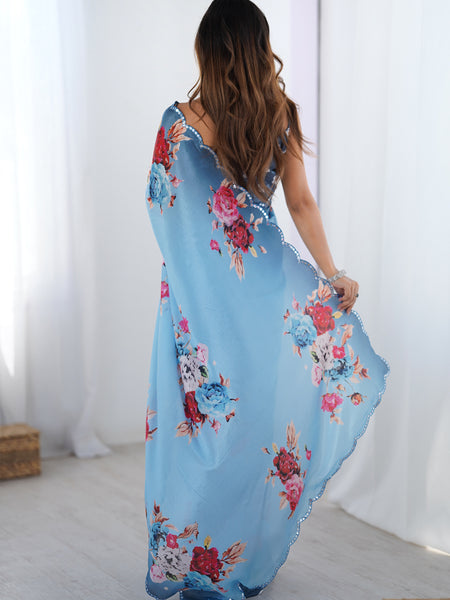 Sky Blue Chinon Silk Print Work With Mirror Work Border Designer Saree