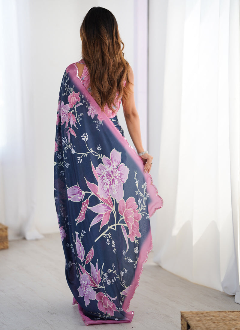 Blue Chinon Silk Print Work With Mirror Work Border Designer Saree