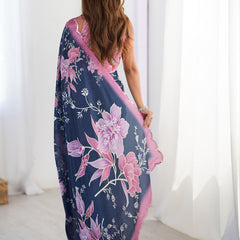 Blue Chinon Silk Print Work With Mirror Work Border Designer Saree