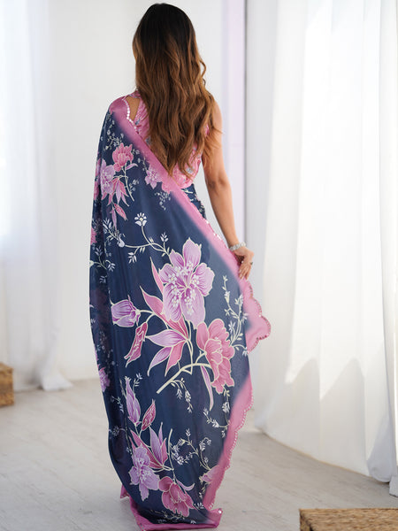 Blue Chinon Silk Print Work With Mirror Work Border Designer Saree