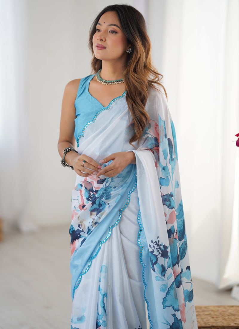 Sky Blue Chinon Silk Print Work With Mirror Work Border Designer Saree