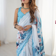 Sky Blue Chinon Silk Print Work With Mirror Work Border Designer Saree