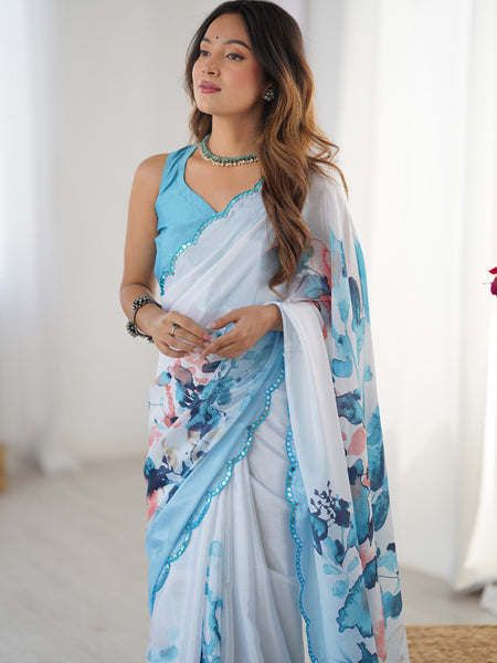 Sky Blue Chinon Silk Print Work With Mirror Work Border Designer Saree