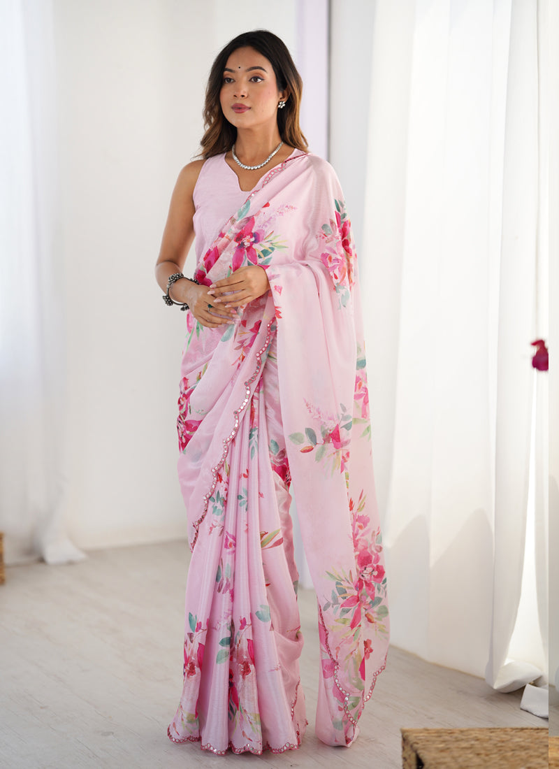 Baby Pink Chinon Silk Print Work With Mirror Work Border Designer Saree
