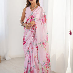 Baby Pink Chinon Silk Print Work With Mirror Work Border Designer Saree