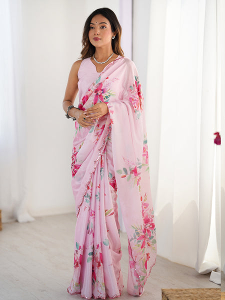 Baby Pink Chinon Silk Print Work With Mirror Work Border Designer Saree