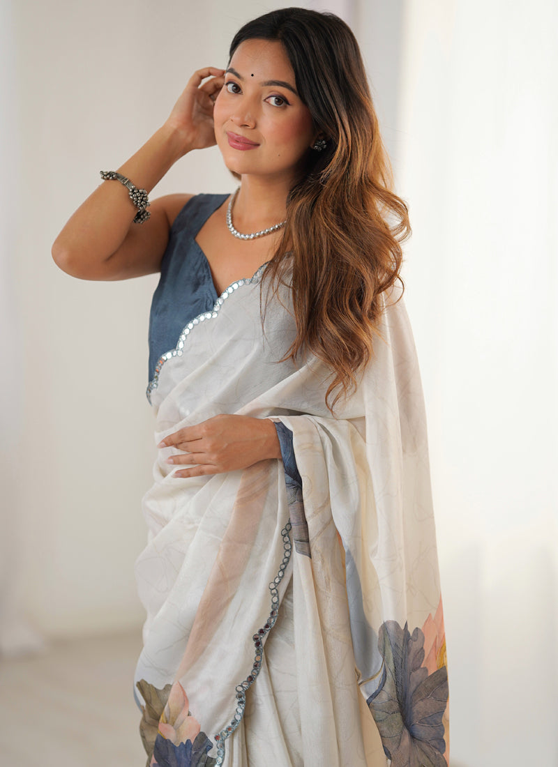 Off White Chinon Silk Print Work With Mirror Work Border Designer Saree